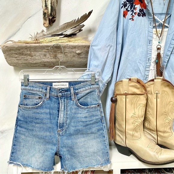 Aritzia DENIM FORUM medium wash denim shorts w rustic/distressed vibe - Picture 4 of 11